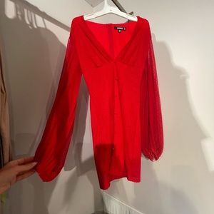 Beautiful red long sleeve dress with sheer sleeves
